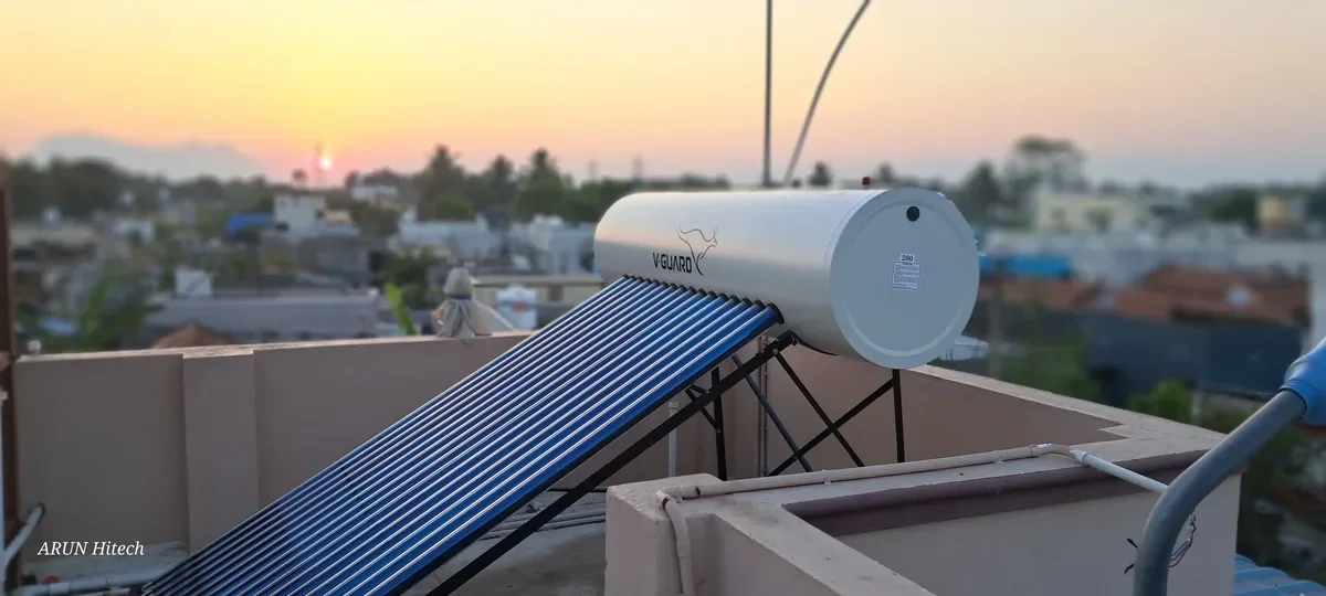 V-Guard 100L solar water heater installed Coimbatore — Arun Hitech dealer