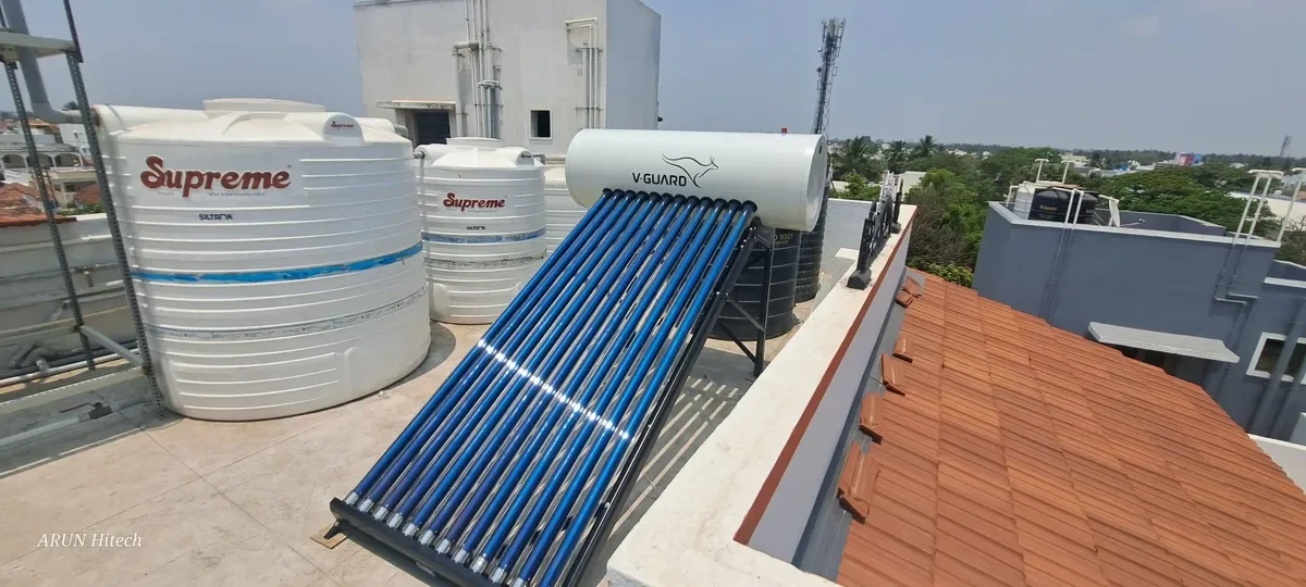 V-Guard 100L solar water heater installed rooftop Coimbatore — Arun Hitech