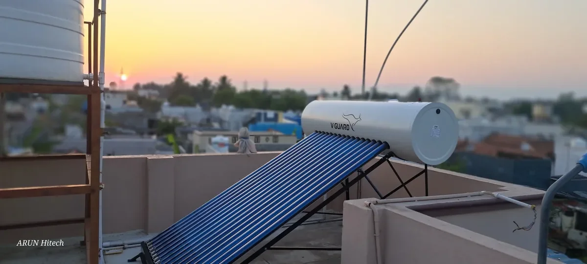 V-Guard 200L solar water heater Coimbatore rooftop — Arun Hitech authorized dealer