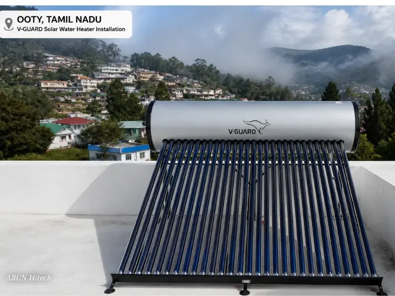 V-Guard 500L solar heater installation hostel Ooty Tamil Nadu — Arun Hitech