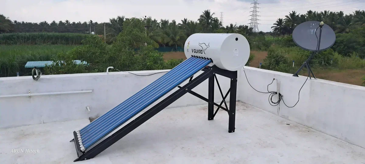 V-Guard 100L solar water heater installation Tiruppur Tamil Nadu — Arun Hitech dealer