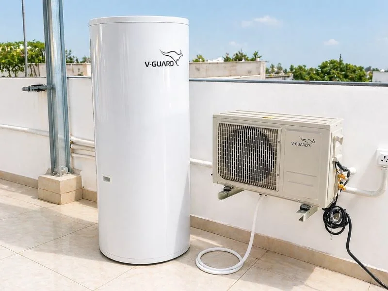 V-Guard heat pump water heater installed rooftop Coimbatore — tank and outdoor unit