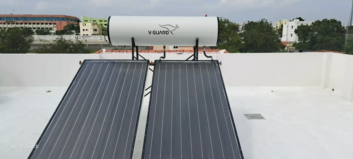 V-Guard 200L FPC solar water heater Tiruppur installation — Arun Hitech