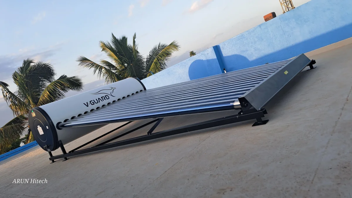 V-Guard ETC solar water heater rooftop Coimbatore side view — Arun Hitech authorized dealer